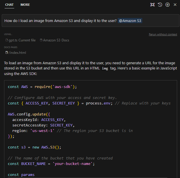 An AI chat window with the user prompt "How do I load an image from Amazon S3 and display it to the user?" and a reference to the Amazon S3 documentation via "@Amazon S3". Below the prompt is the AI generated answer.
