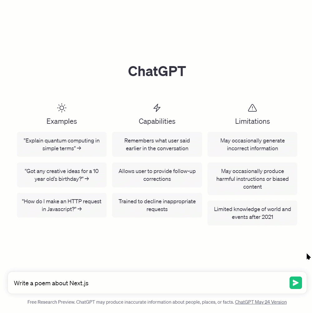 The ChatGPT interface streaming in an AI generate text