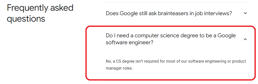 Google Careers FAQ stating that no degree is required for their software engineering roles