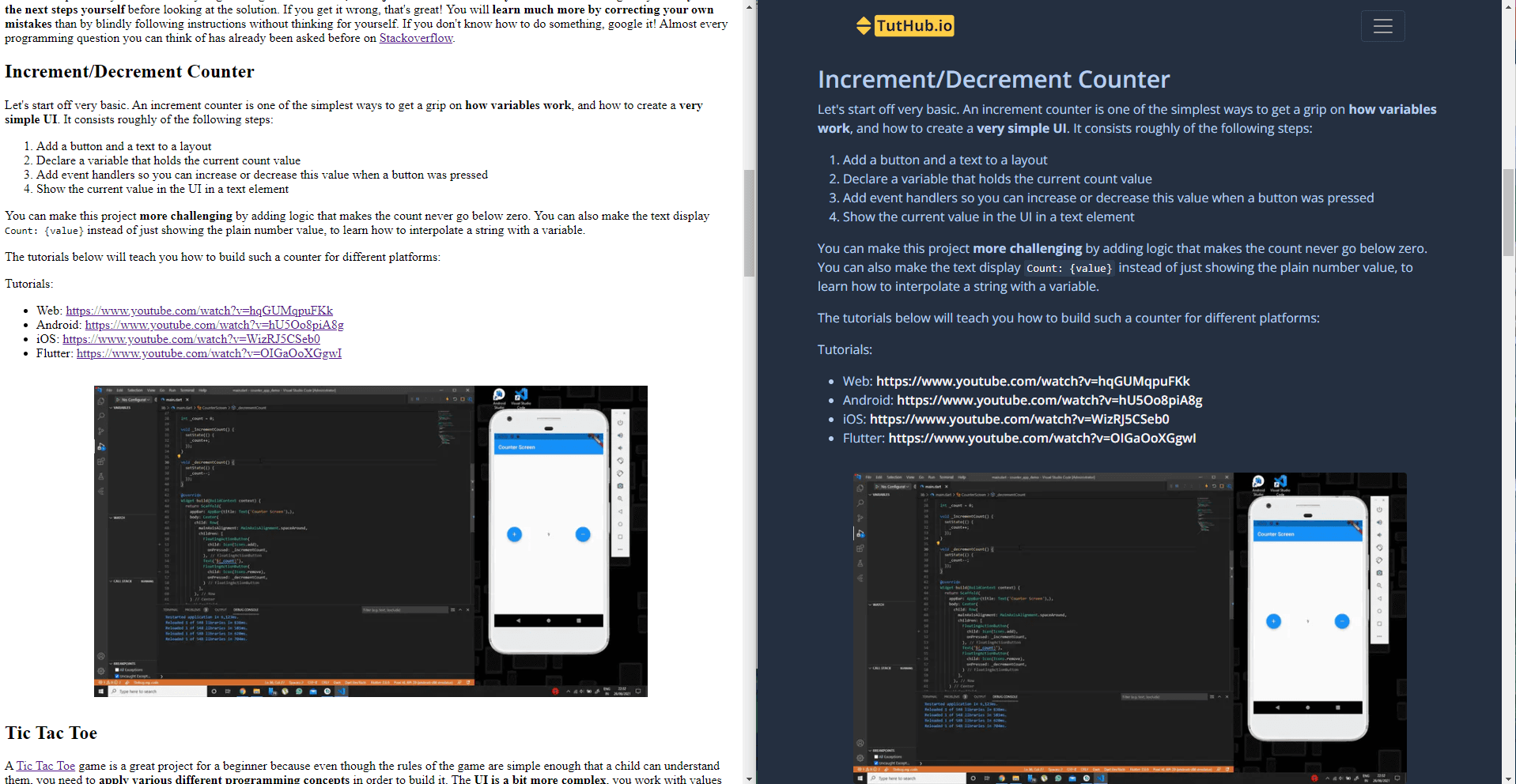 Comparison: A blog post page on TutHub with and without CSS